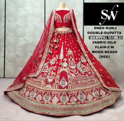 Engaging Red Silk Double Dupatta peacock Bridal Lehenga