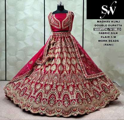 Awesome Rani pink Silk Double Dupatta peacock Bridal Lehenga