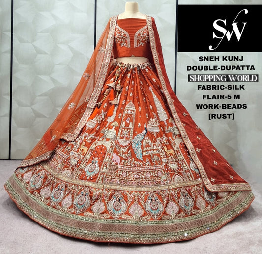 Amazing Rust Orange Silk Double Dupatta peacock Bridal Lehenga