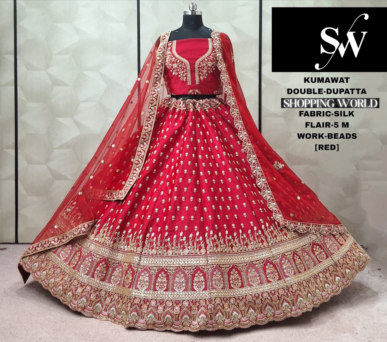 Majestic Red Silk Double Dupatta Bridal Lehenga