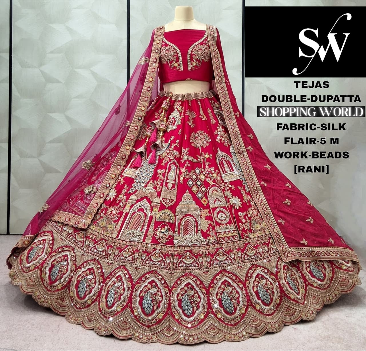 Pleasing Rust Orange peacock Silk Double Dupatta Bridal Lehenga