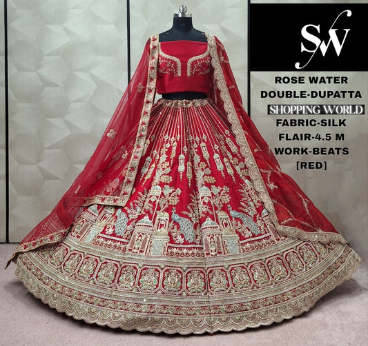 Astonishing Red Silk Double Dupatta peacock Bridal Lehenga