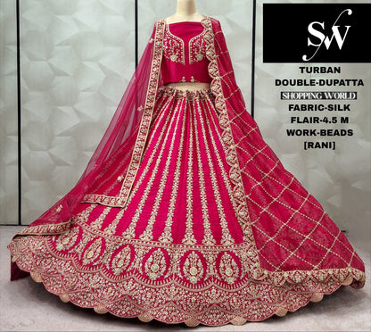 Eye Catching Rani pink Silk Double Dupatta Bridal Lehenga