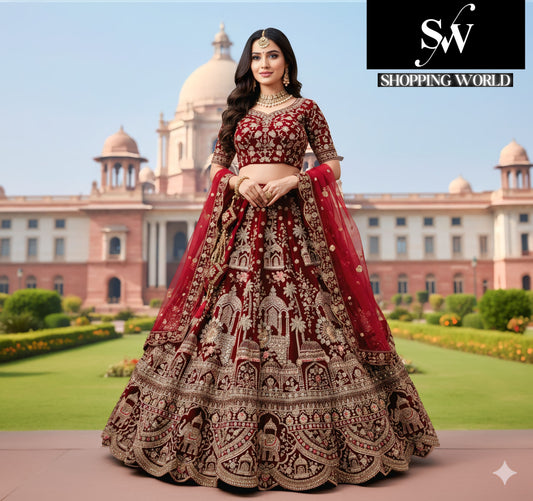 Fantastic Maroon Velvet Double Dupatta Bridal Lehenga