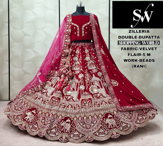 Fabulous Hot Rani pink Velvet Double Dupatta Bridal Lehenga