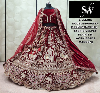 Astonishing Rani pink Velvet Double Dupatta Bridal Lehenga