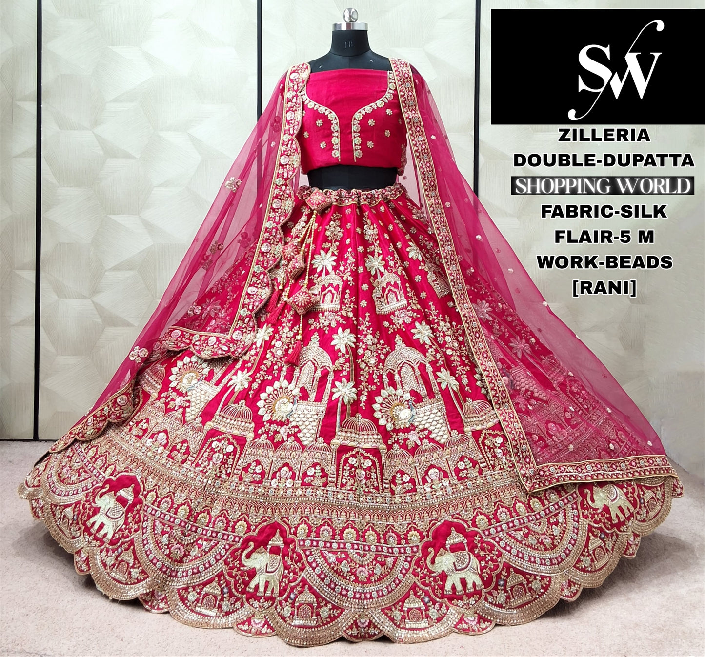 Astonishing Rani pink Velvet Double Dupatta Bridal Lehenga