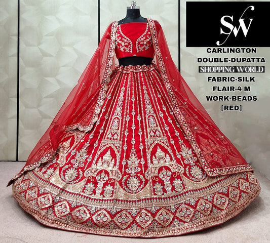 Awesome Red Silk Double Dupatta Bridal Lehenga