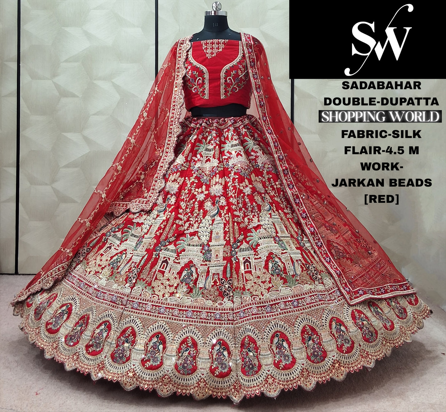 Eye Catching Red Silk Double Dupatta Bridal Lehenga