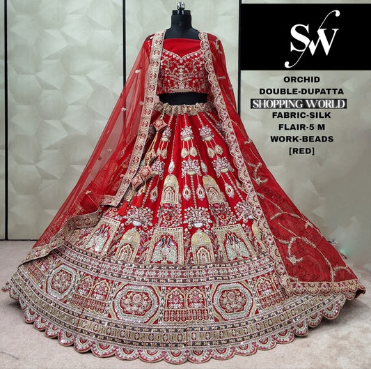 Glamorous Red Silk Double Dupatta Bridal Lehenga