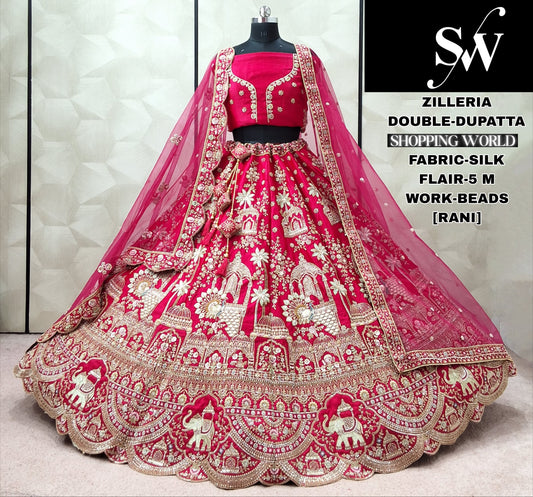 Astonishing Rani pink Velvet Double Dupatta Bridal Lehenga