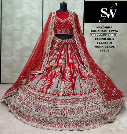 Embellished Red Silk Double Dupatta PeacockBridal Lehenga