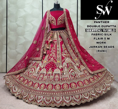 Lavishing Red Silk Double Dupatta peacock Bridal Lehenga