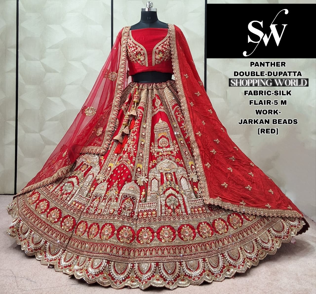 Lavishing Red Silk Double Dupatta peacock Bridal Lehenga
