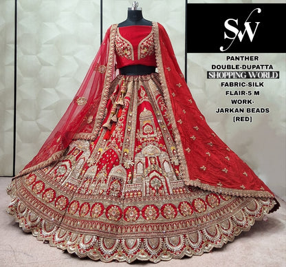 Lavishing Red Silk Double Dupatta peacock Bridal Lehenga