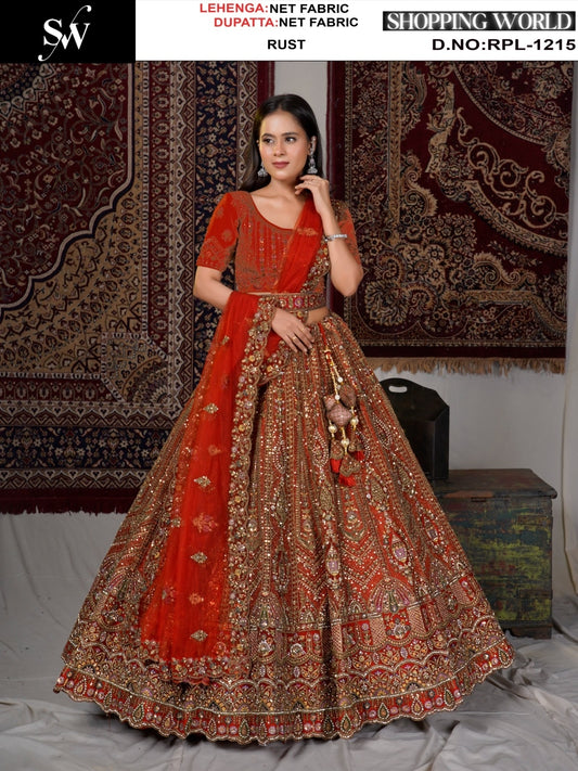 Pleasing Rust Orange Net Lehenga