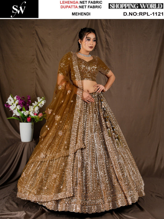 Engaging Mehendi Mustard yellow Net Lehenga