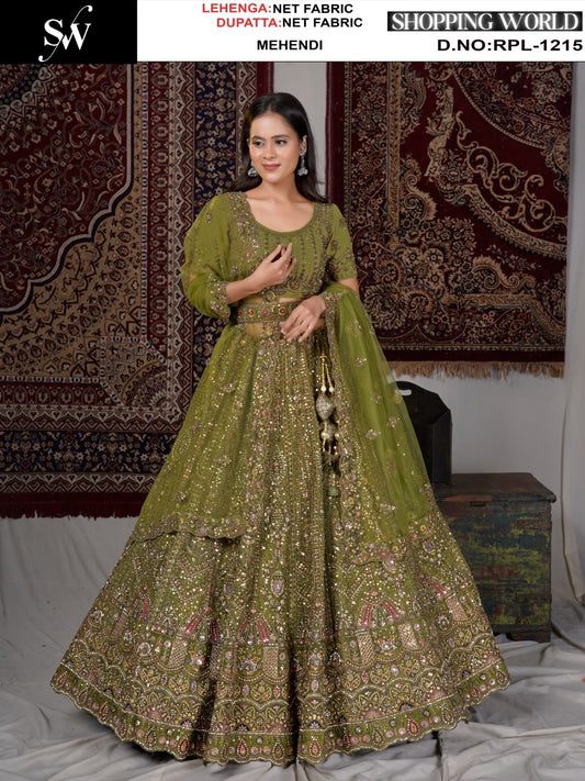 Eye Catching Mehendi green Net Lehenga