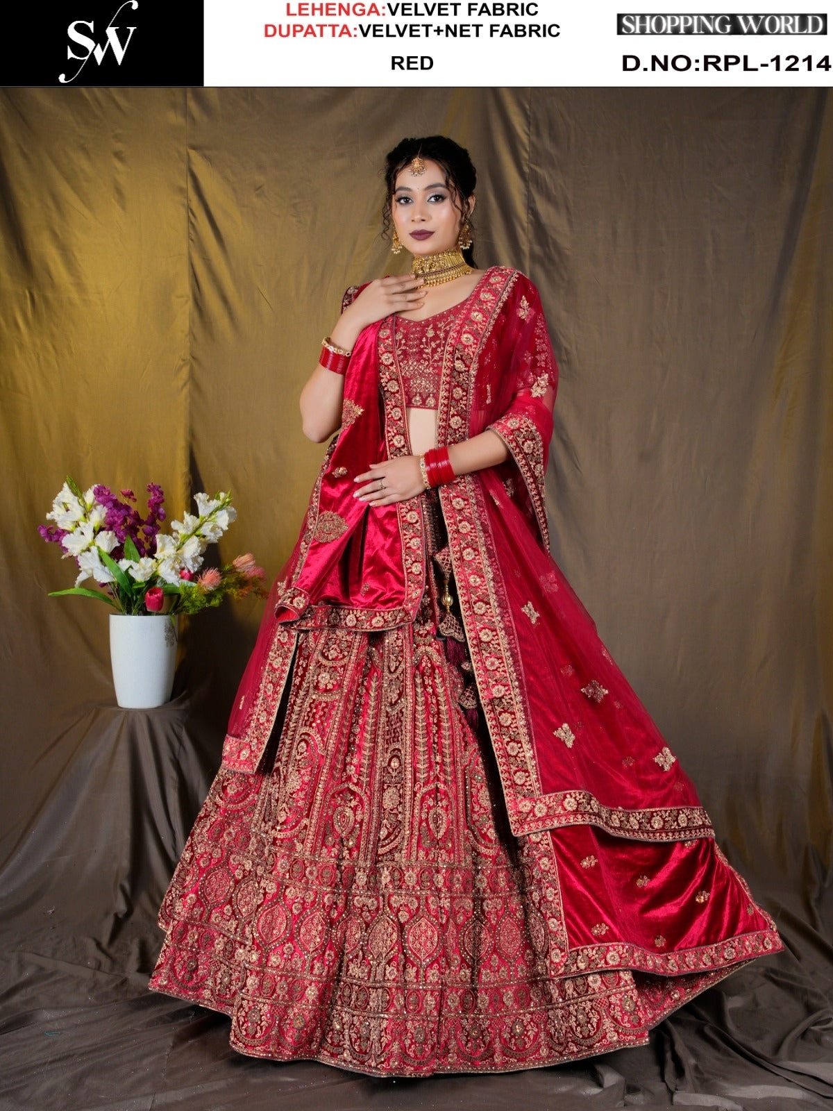 Khoobsurat Cherry Red Velvet Bridal Lehenga