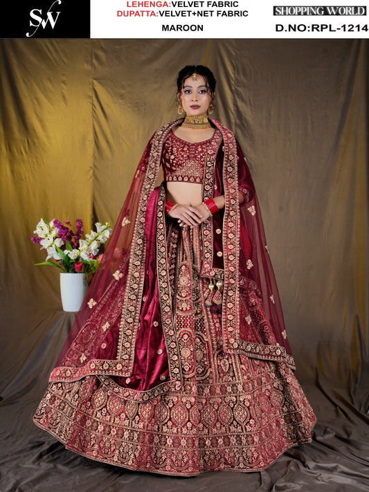 Pleasing Maroon Velvet Bridal Lehenga