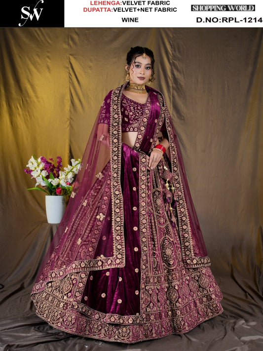 Lavishing Wine Velvet Bridal Lehenga