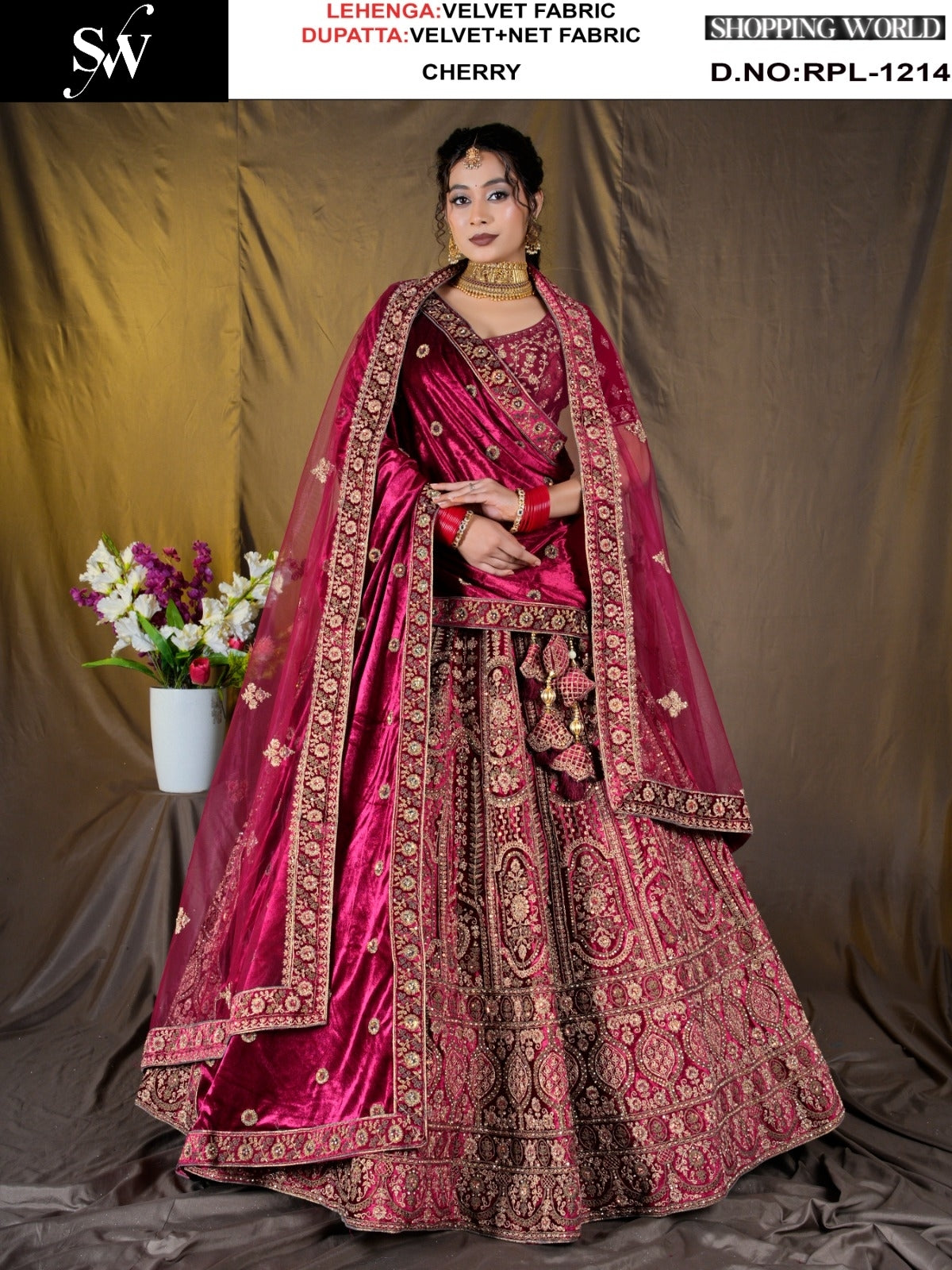 Khoobsurat Cherry Red Velvet Bridal Lehenga