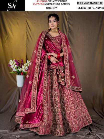 Khoobsurat Cherry Red Velvet Bridal Lehenga