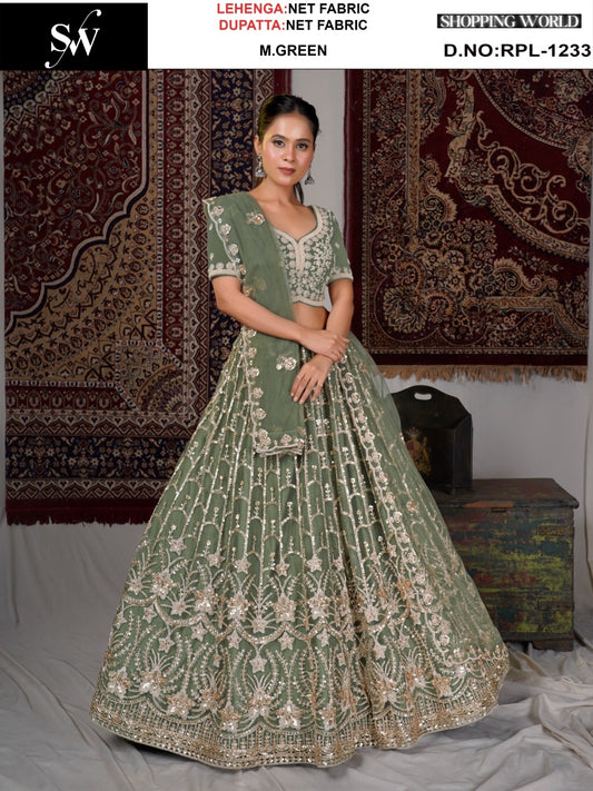 Designer Mehendi green Net Lehenga