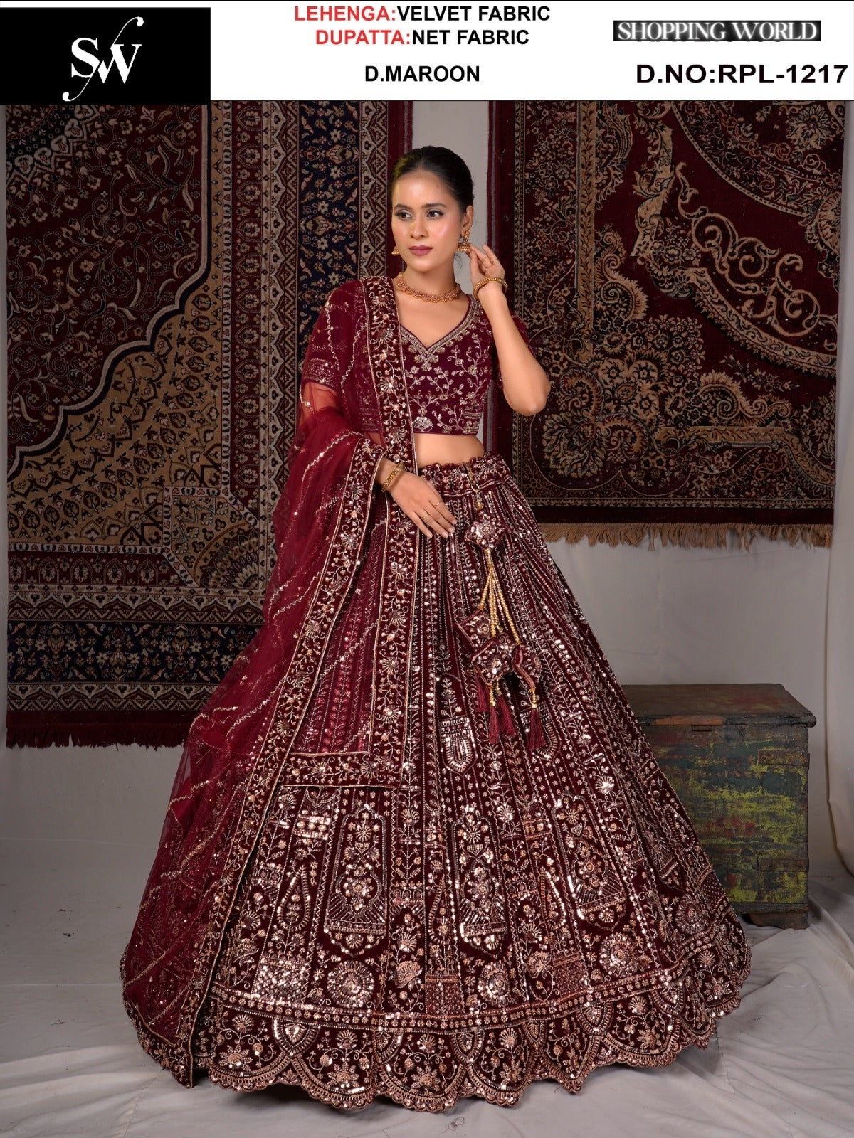 Tremendous Dark Maroon velvet Lehenga
