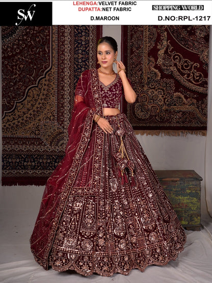 Tremendous Dark Maroon velvet Lehenga
