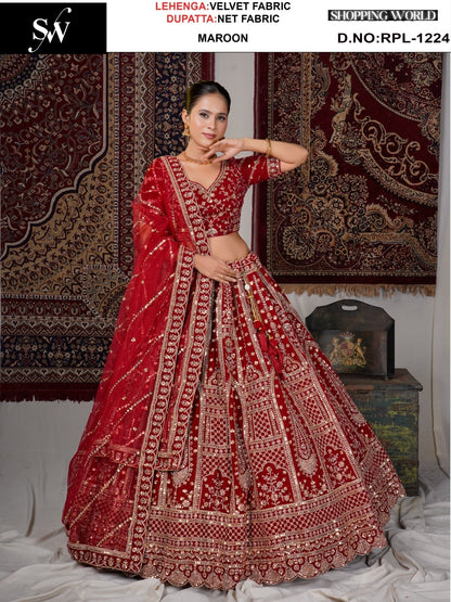 Glamorous Maroon Velvet Bridal Lehenga