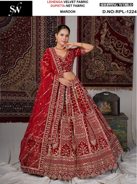 Glamorous Maroon Velvet Bridal Lehenga