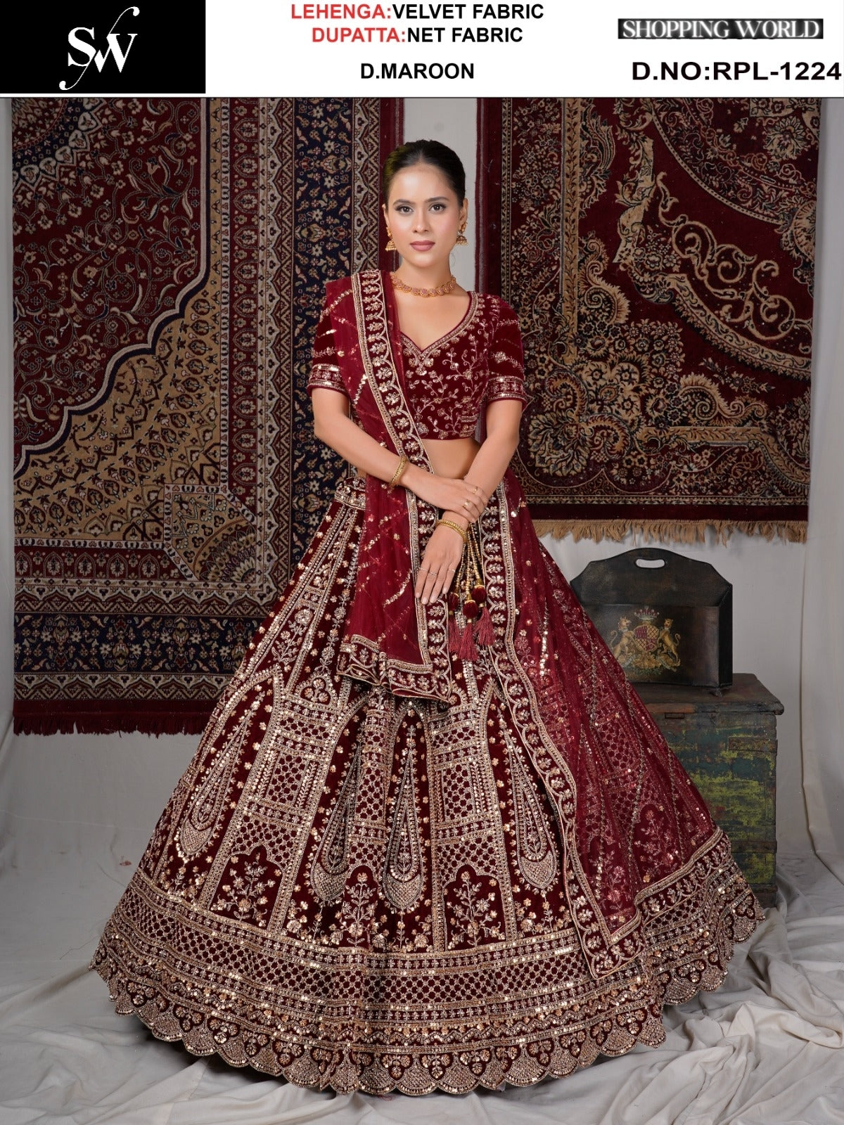 Glamorous Maroon Velvet Bridal Lehenga