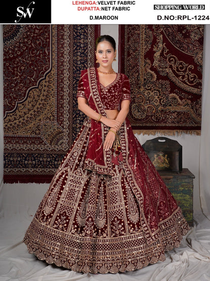 Glamorous Maroon Velvet Bridal Lehenga