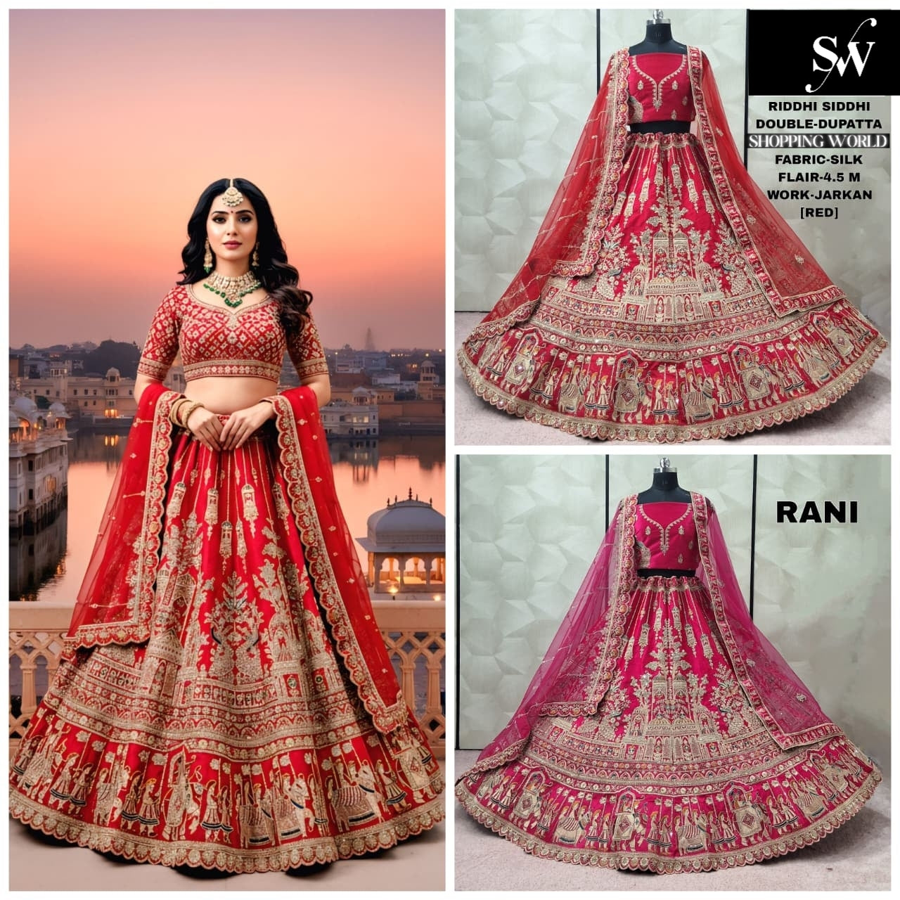 Engaging Red Rani pink Double Dupatta Silk Bridal Lehenga
