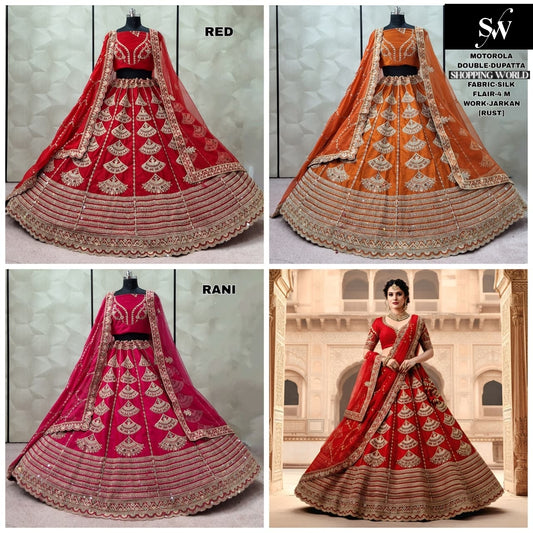 Elegant Red Rani pink Rust Orange Double Dupatta Silk Bridal Lehenga