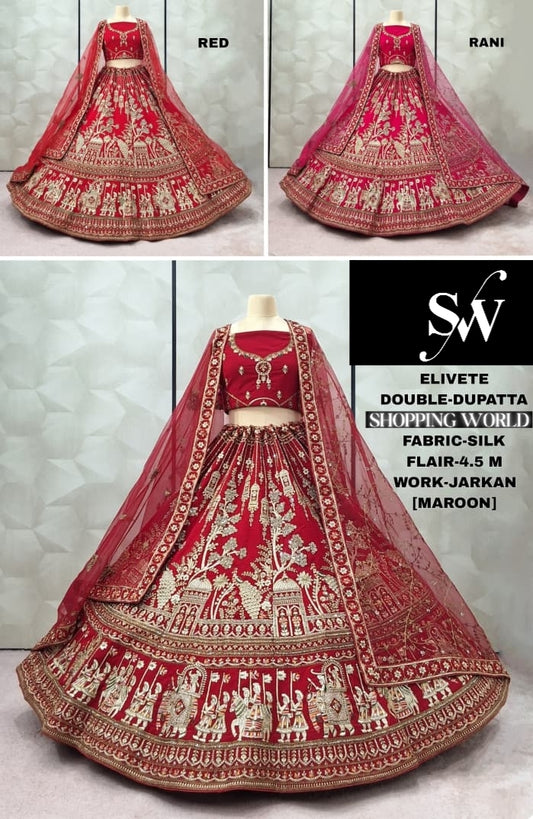Pleasing Maroon Red Rani pink Silk Double Dupatta Bridal Lehenga
