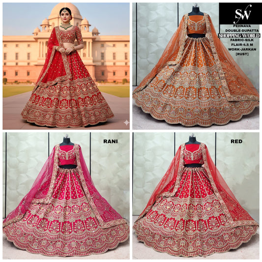 Charming Rust Orange Red Rani pink Silk Double Dupatta Bridal Lehenga