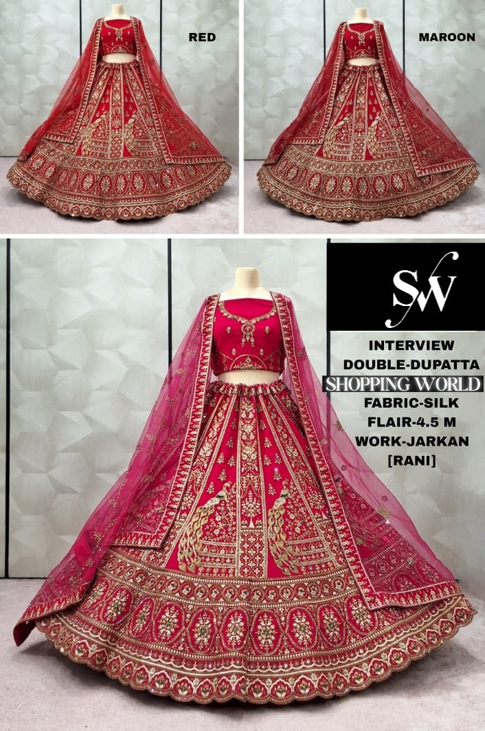 Majestic Maroon Red Rani pink Silk Double Dupatta Bridal Lehenga