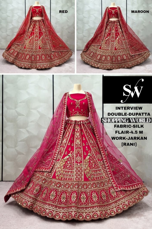 Majestic Maroon Red Rani pink Silk Double Dupatta Bridal Lehenga