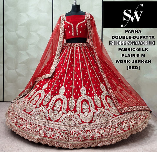 Awesome Red Double Dupatta Silk Bridal Lehenga