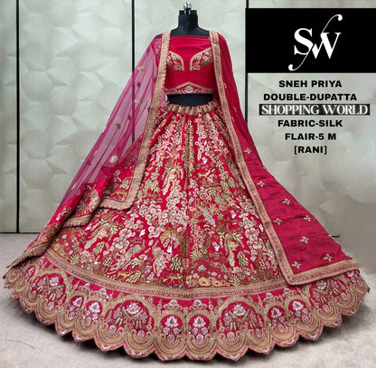 Fantastic Red Double Dupatta peacock Silk Bridal Lehenga