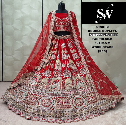 Glamorous Peacock Double Dupatta Silk Bridal Lehenga