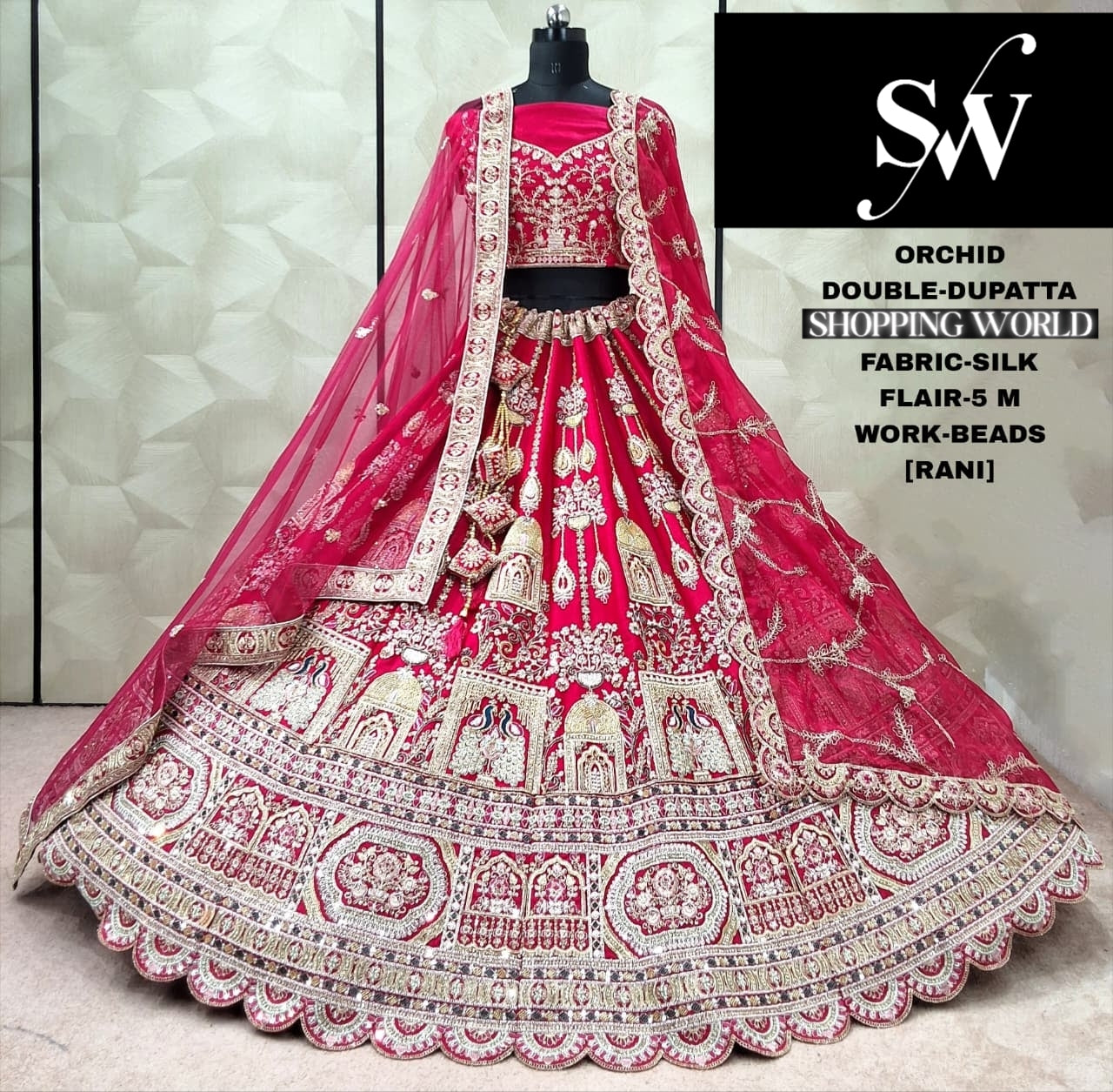 Astonishing Rani pink Peacock Double Dupatta Silk Bridal Lehenga