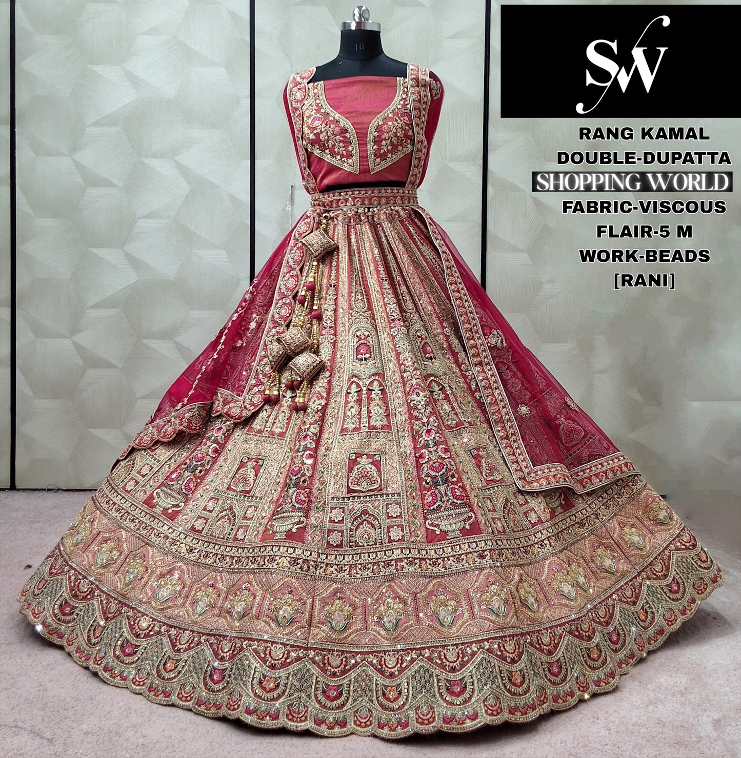 Designer Red Double Dupatta Viscous Bridal Lehenga