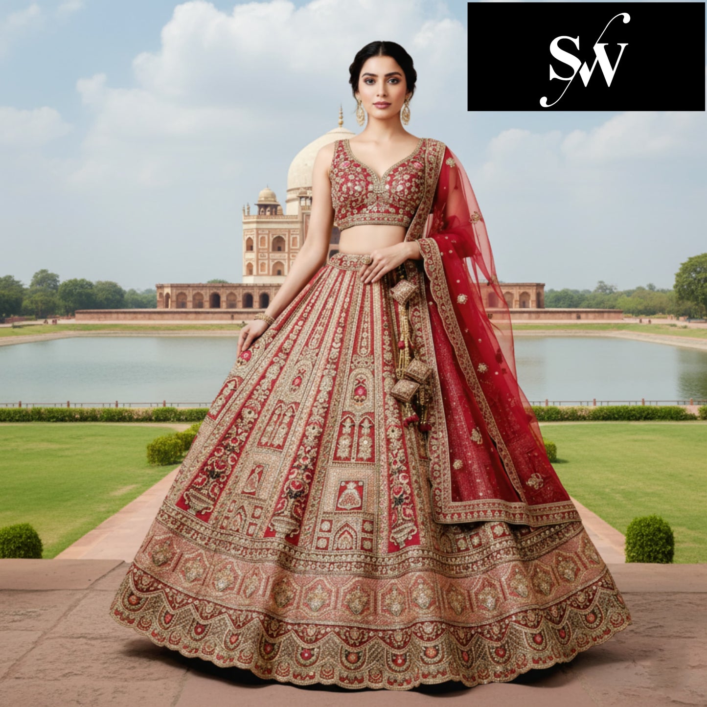 Designer Red Double Dupatta Viscous Bridal Lehenga