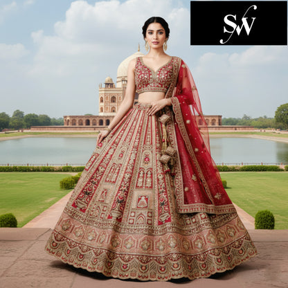 Designer Red Double Dupatta Viscous Bridal Lehenga