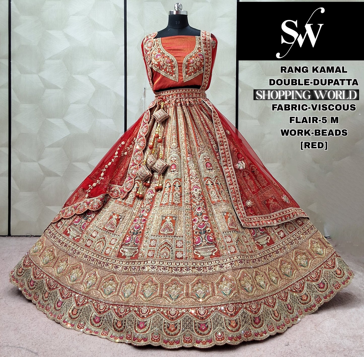 Designer Red Double Dupatta Viscous Bridal Lehenga