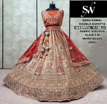 Designer Red Double Dupatta Viscous Bridal Lehenga