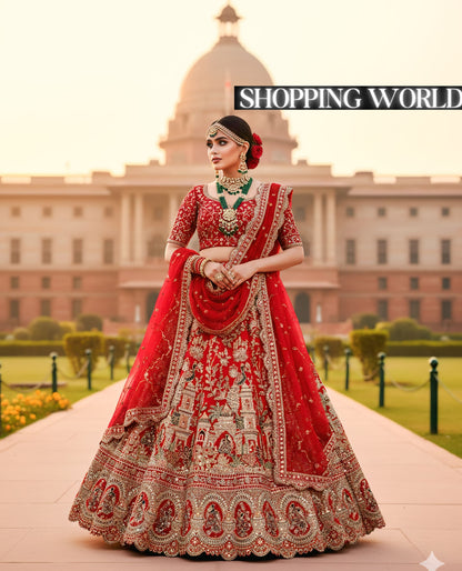 Beautiful Red Heavy peacock Silk Double Dupatta Bridal Lehenga
